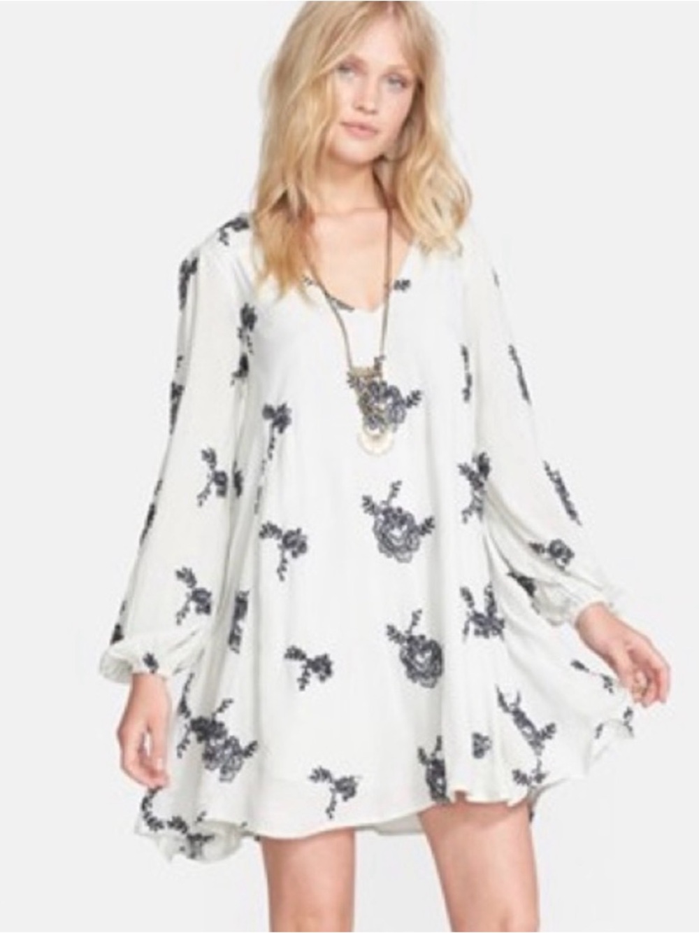 Free People Austin swing mini dress, long sleeves and black floral embroidery